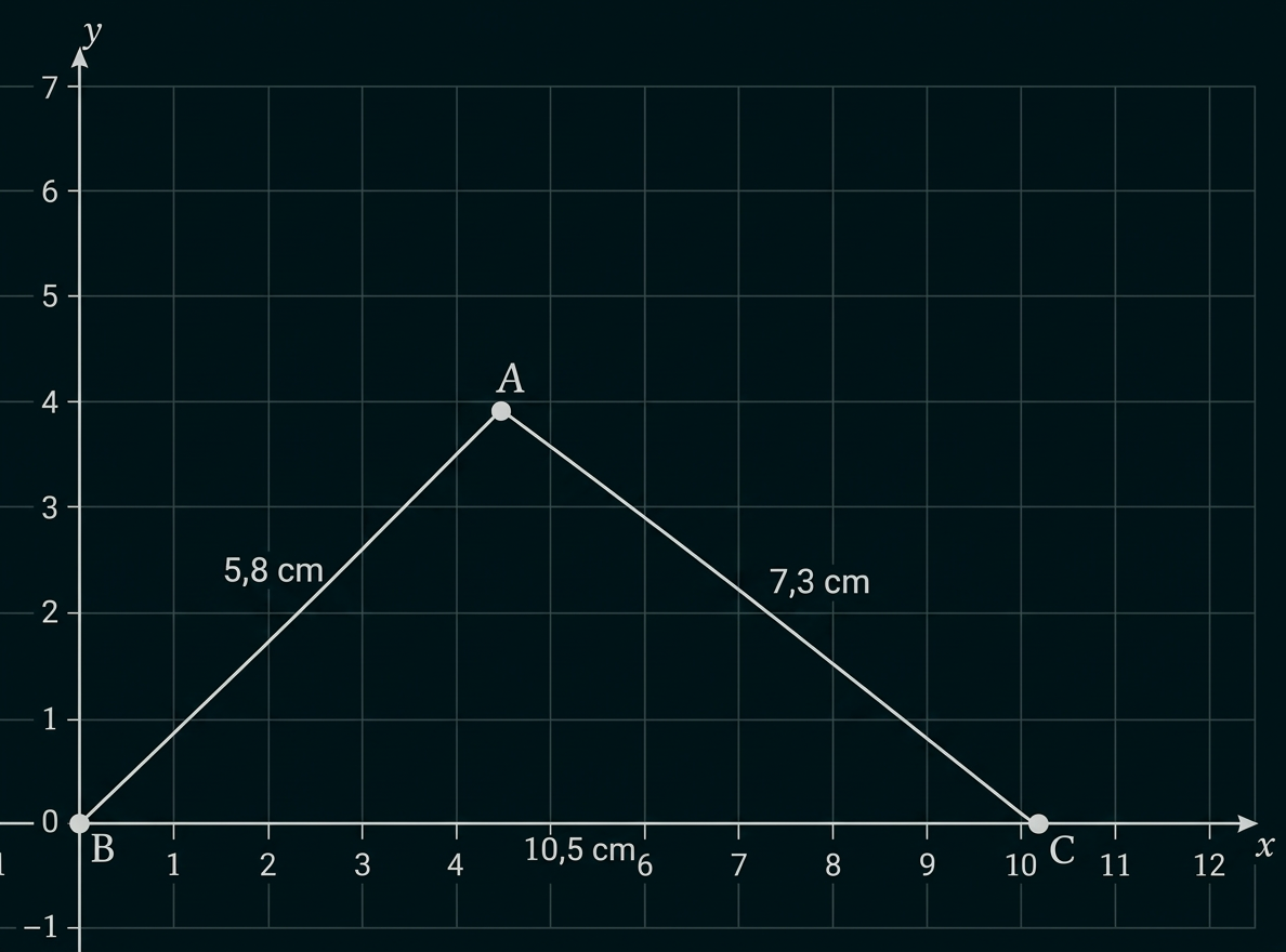 Koordinatensystem mit dem Dreieck ABC und den Seitenlängen 5,8 cm, 7,3 cm und 10,5 cm.